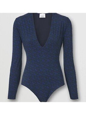 New Authentic BURBERRY TB Monogram Print Long-Sleeve Bodysuit – Deep Royal Blue